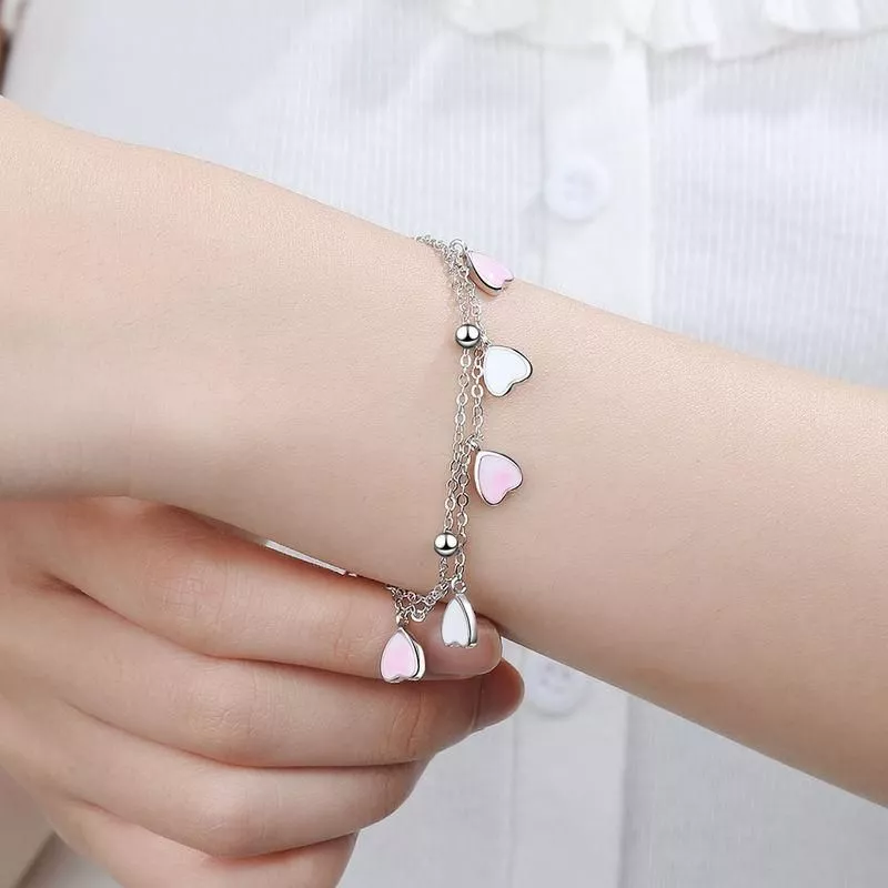 Sweet 925 Sterling Silver Pink Glaze Cherry Blossom Petals Gradient Heart Shaped Double Layer Chain Bracelets S-B262 Sweet 925 Sterling Silver Pink Glaze Cherry Blossom Petals Gradient Heart Shaped Double Layer Chain Bracelets S-B262