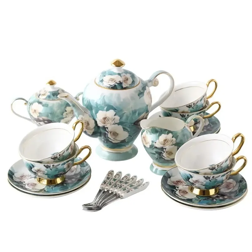 Elegant Bone China Coffee Cup Set with Sugar Jar and Saucer 6